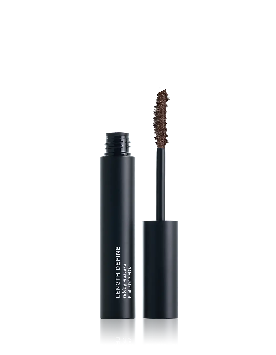 A black cosmetic tube labeled 'LENGTH DEFINE' stands open next to its applicator wand on a clean background.